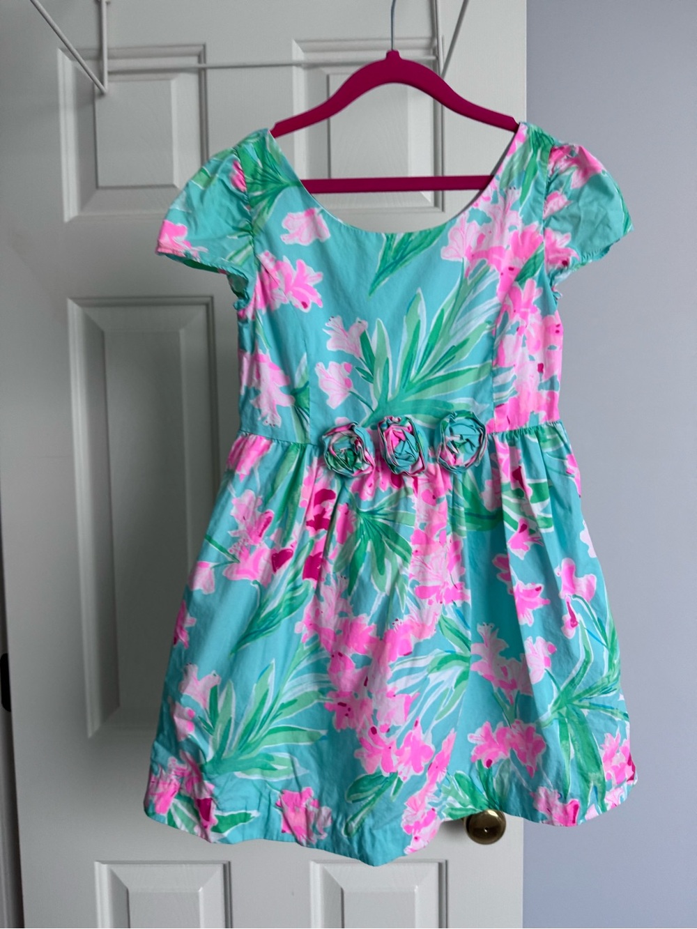 Lilly Pulitzer Aqua Floral Dress with Pink Rosette Waist